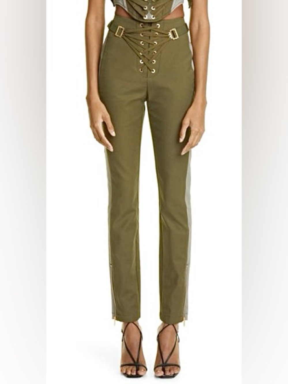 EUC Dion Lee Green Laced Slider Skinny Pants Color Block Gold Zipper